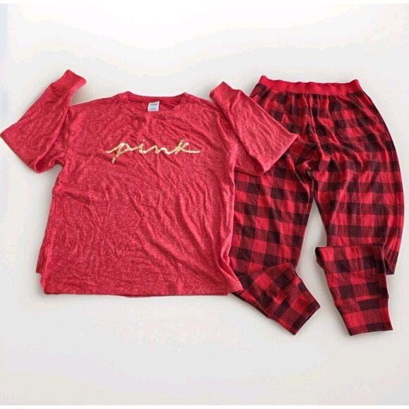 PINK Victorias Secret Pajama Set Women S Heathered Red LS Top Plaid Pants Lounge - Picture 14 of 16